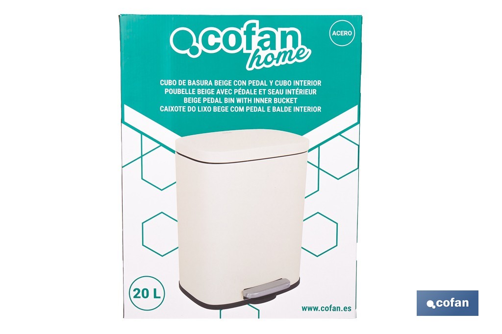 Cubo de basura beige con pedal y cubo interior | Papelera metálica para baño y cocina con cierre suave | Recubrimiento antihuellas | Disponible en diferentes capacidades - Cofan