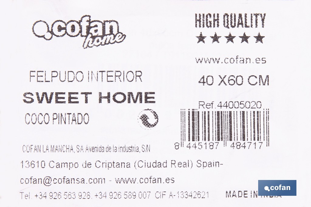 Felpudo de fibra de coco para interior con base antideslizante | Diseño Sweet Home | Medidas: 40 x 60 cm - Cofan