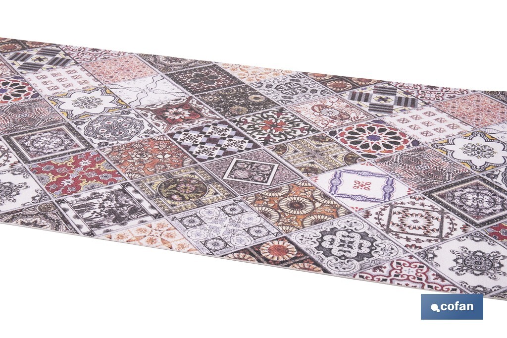 Rollo de alfombra vinílica semirrígida de impresión digital: Azulejos geométricos de colores | Resistente para suelos interiores y exteriores cubiertos - Cofan