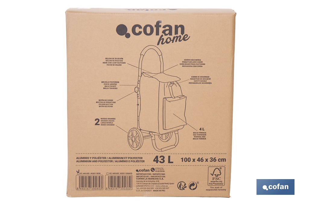 Carro de la compra plegable con 2 ruedas | Chasis de aluminio | Bolsa de 43 litros | Bolsillo para congelados | Disponible en varios colores - Cofan