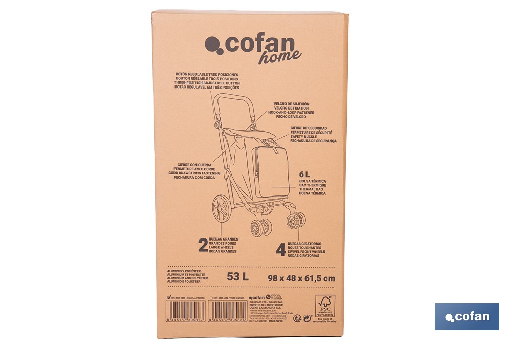Carro de la compra plegable con 6 ruedas | Chasis de aluminio | Bolsa de 53 litros | Bolsillo para congelados | Mango ajustable | Disponible en varios colores - Cofan