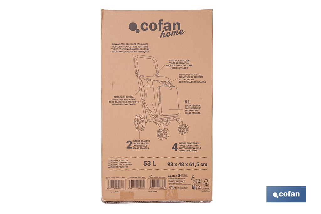 Carro de la compra plegable con 6 ruedas | Chasis de aluminio | Bolsa de 53 litros | Bolsillo para congelados | Mango ajustable | Disponible en varios colores - Cofan