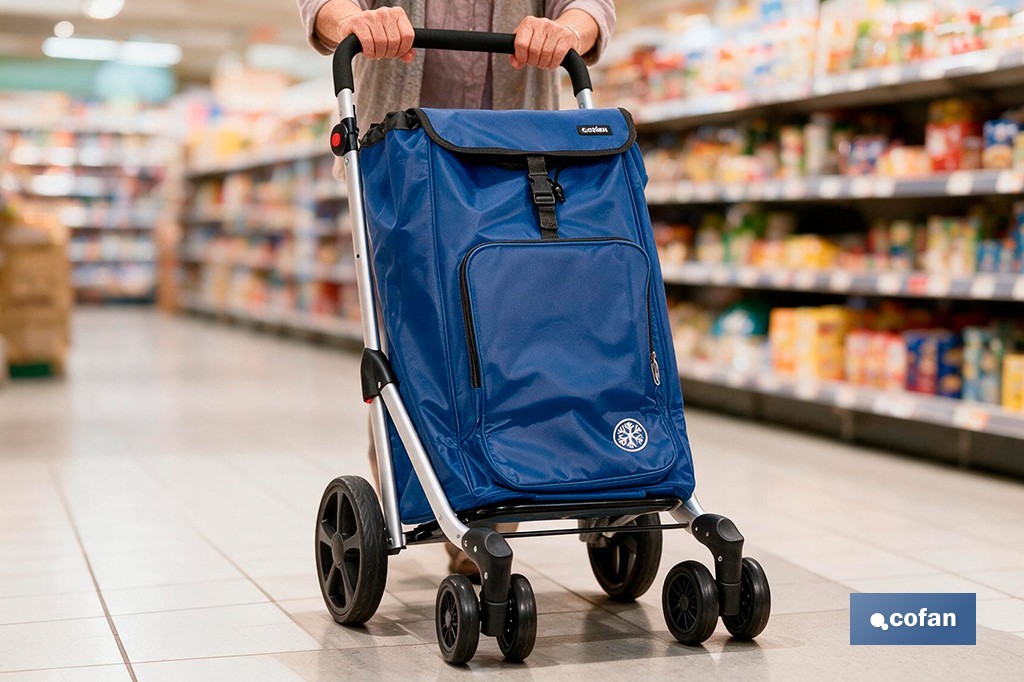 Carro de la compra plegable con 6 ruedas | Chasis de aluminio | Bolsa de 53 litros | Bolsillo para congelados | Mango ajustable | Disponible en varios colores - Cofan