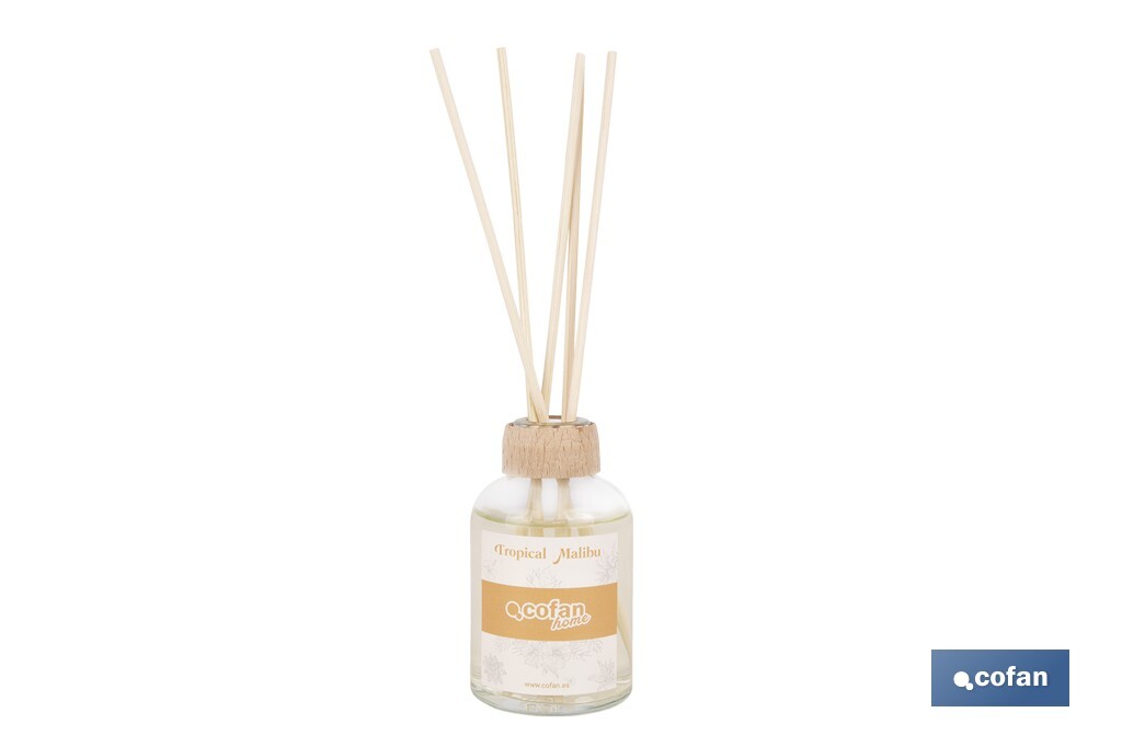 Ambientador de varillas | Aroma Malibú tropical | Difusor con varillas de ratán - Cofan