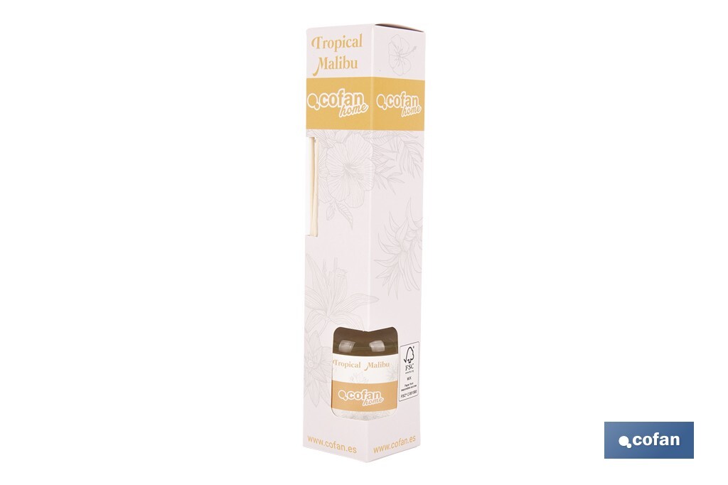 Ambientador de varillas | Aroma Malibú tropical | Difusor con varillas de ratán - Cofan