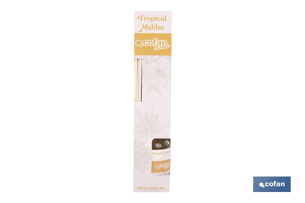 Ambientador de varillas | Aroma Malibú tropical | Difusor con varillas de ratán - Cofan