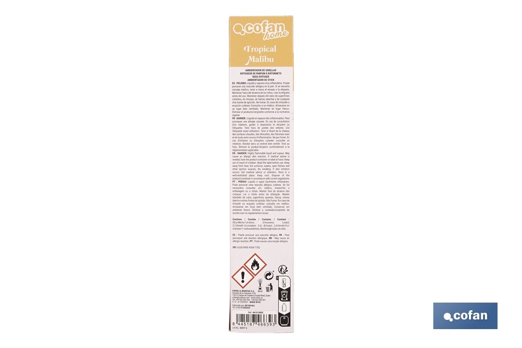 Ambientador de varillas | Aroma Malibú tropical | Difusor con varillas de ratán - Cofan