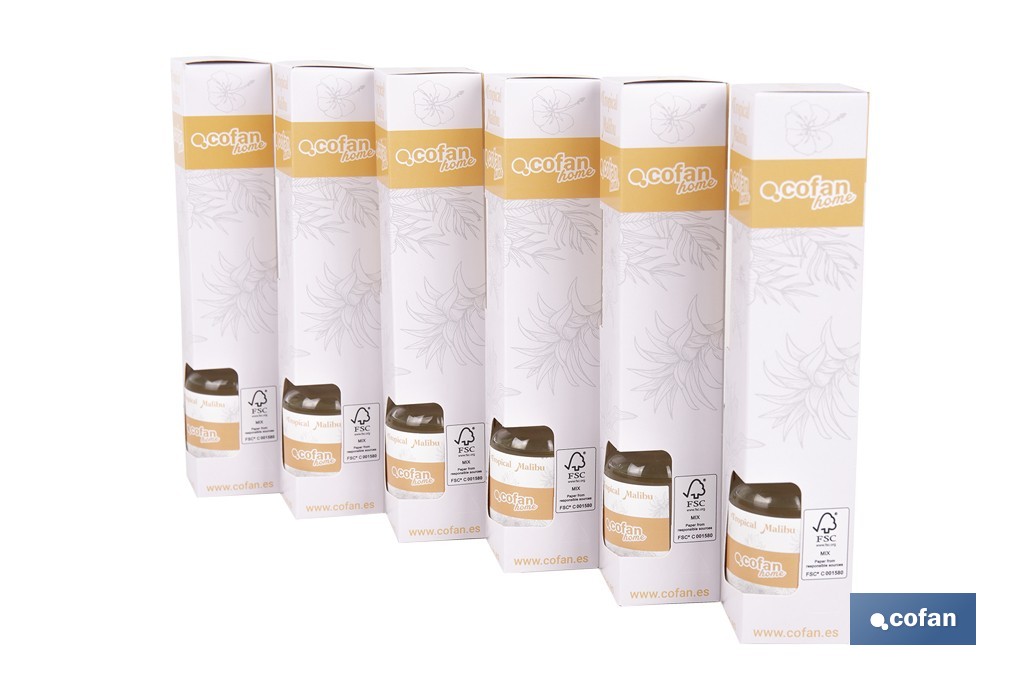 Ambientador de varillas | Aroma Malibú tropical | Difusor con varillas de ratán - Cofan
