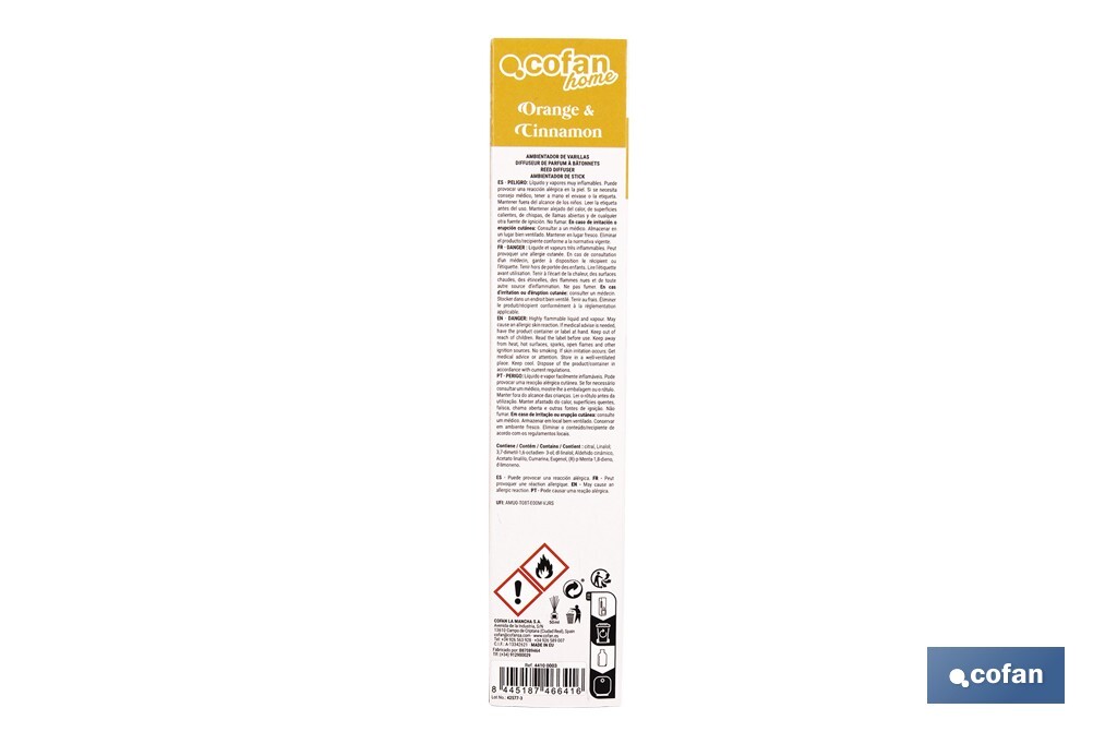 Ambientador de varillas | Aroma a naranja y canela | Difusor con varillas de ratán - Cofan