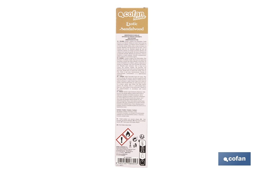 Ambientador de varillas | Aroma a sándalo exótico | Difusor con varillas de ratán - Cofan