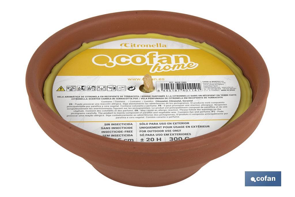 Velas aromáticas de citronela en recipiente de terracota | Duración: 20 horas - Cofan