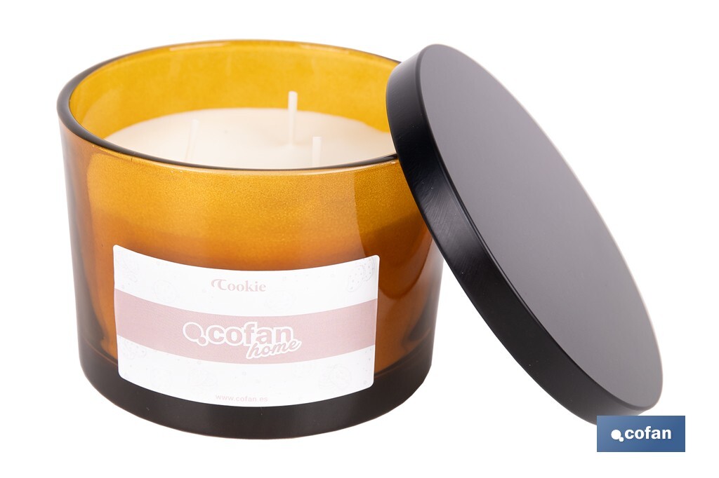 Vela aromática Cookie de 3 mechas | Cera de soja | Aroma a canela napolitana | Vaso de vidrio ámbar decorativo | Duración de combustión: 35 horas - Cofan