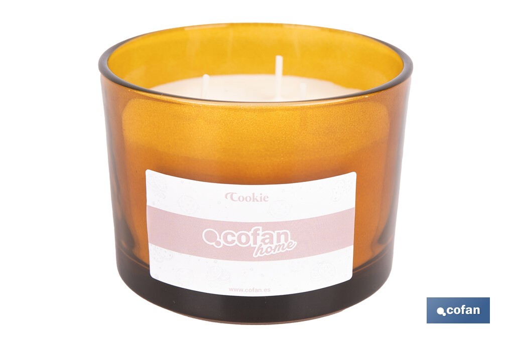 Vela aromática Cookie de 3 mechas | Cera de soja | Aroma a canela napolitana | Vaso de vidrio ámbar decorativo | Duración de combustión: 35 horas - Cofan