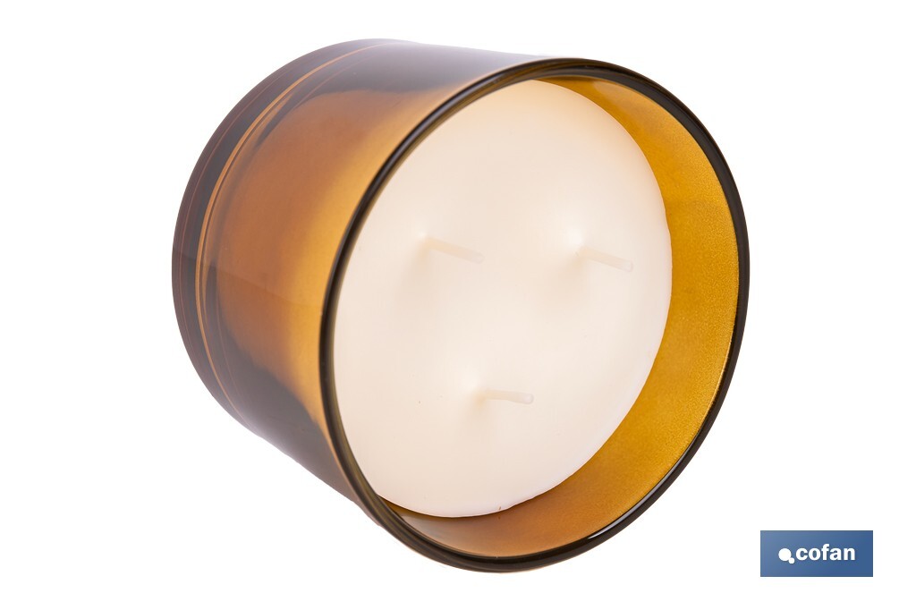 Vela aromática Cookie de 3 mechas | Cera de soja | Aroma a canela napolitana | Vaso de vidrio ámbar decorativo | Duración de combustión: 35 horas - Cofan
