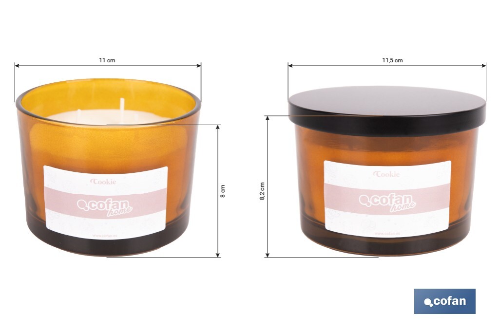 Vela aromática Cookie de 3 mechas | Cera de soja | Aroma a canela napolitana | Vaso de vidrio ámbar decorativo | Duración de combustión: 35 horas - Cofan