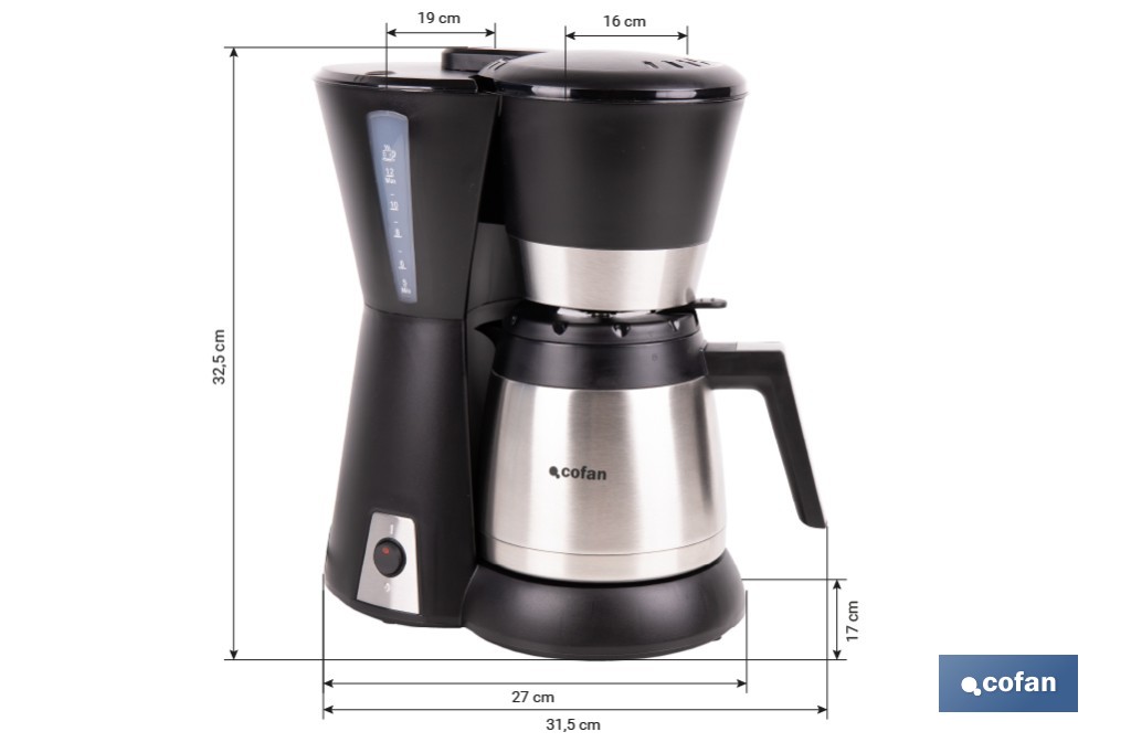 Cafetera eléctrica de goteo con jarra termo de 1,2 l | Potencia: 800 W, capacidad para 12 tazas | Filtro permanente - Cofan