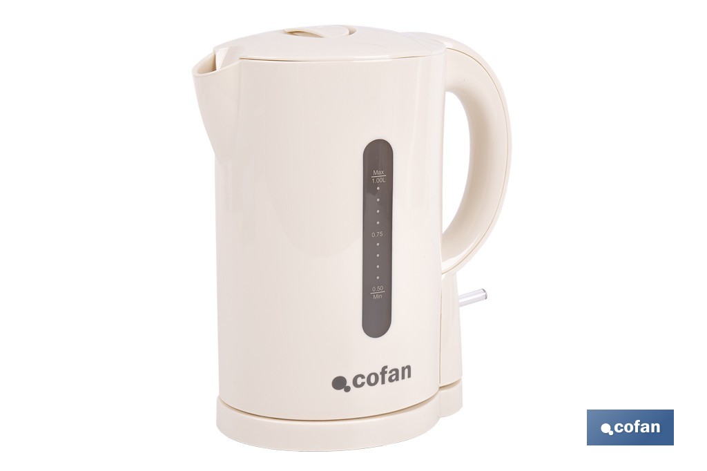 Hervidor eléctrico de agua beige | Capacidad: 1 Litro | Potencia: 1080 W | Hervidor compacto con control Strix | Ideal para cocinas y oficinas - Cofan