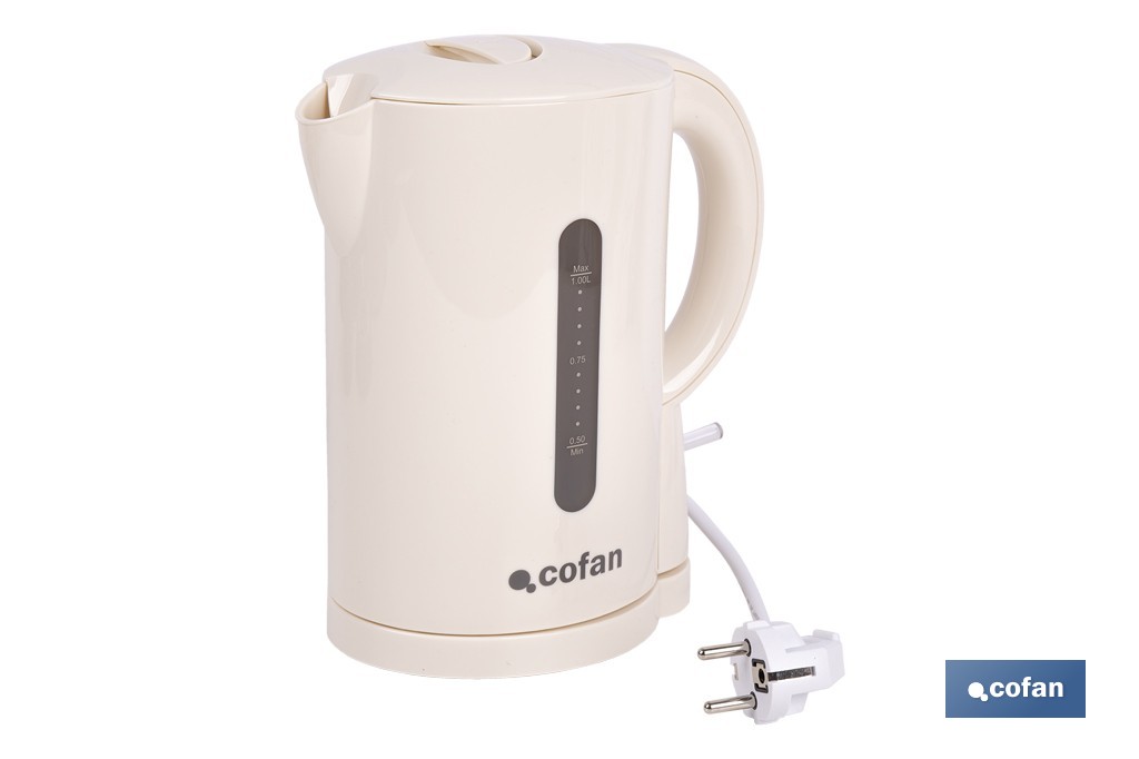 Hervidor eléctrico de agua beige | Capacidad: 1 Litro | Potencia: 1080 W | Hervidor compacto con control Strix | Ideal para cocinas y oficinas - Cofan