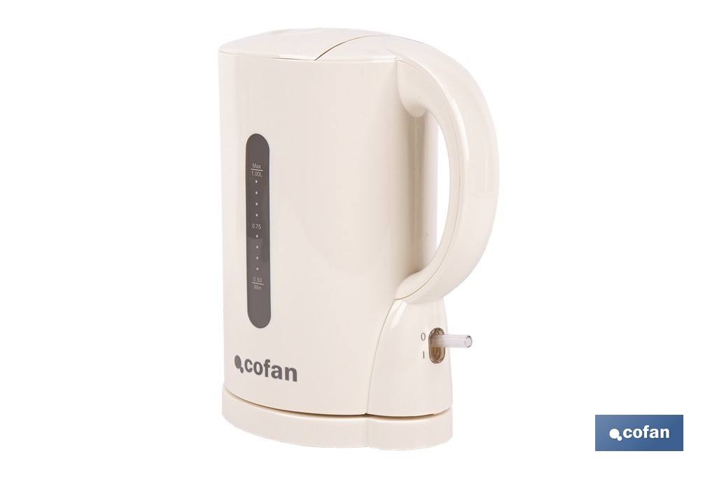 Hervidor eléctrico de agua beige | Capacidad: 1 Litro | Potencia: 1080 W | Hervidor compacto con control Strix | Ideal para cocinas y oficinas - Cofan