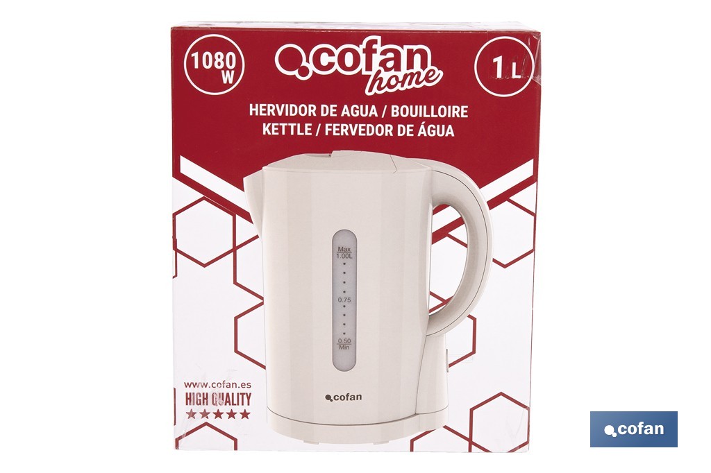Hervidor eléctrico de agua beige | Capacidad: 1 Litro | Potencia: 1080 W | Hervidor compacto con control Strix | Ideal para cocinas y oficinas - Cofan