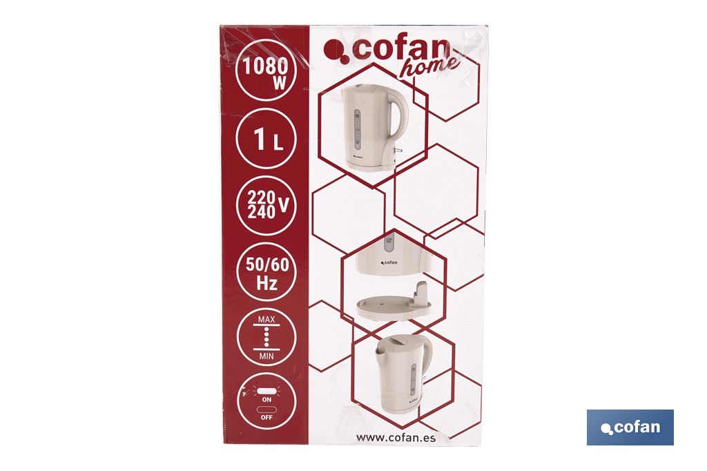 Hervidor eléctrico de agua beige | Capacidad: 1 Litro | Potencia: 1080 W | Hervidor compacto con control Strix | Ideal para cocinas y oficinas - Cofan