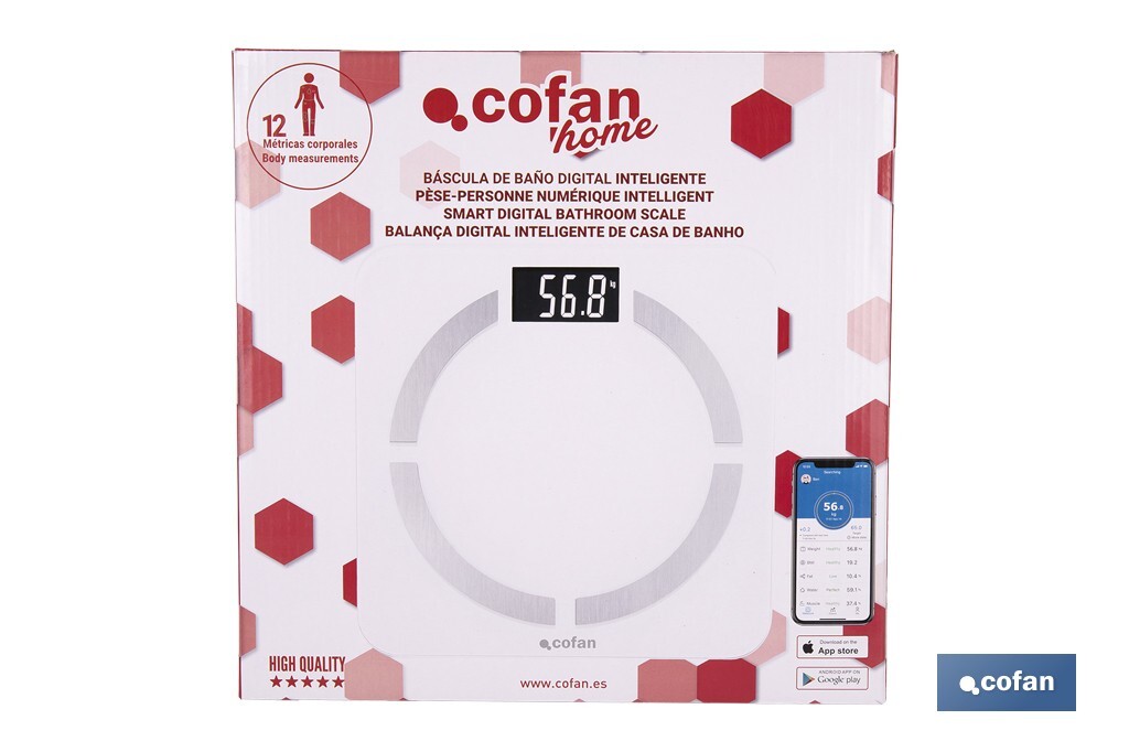 Báscula de baño digital inteligente | Análisis corporal completo | Báscula con Bluetooth y aplicación móvil | Pilas incluidas - Cofan