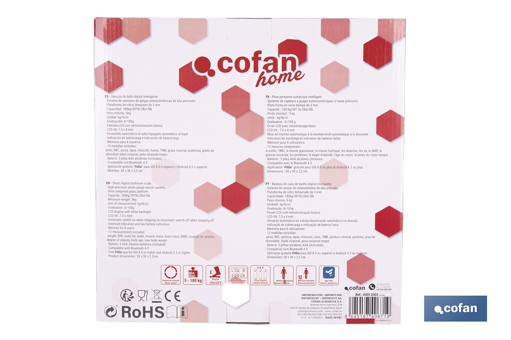 Báscula de baño digital inteligente | Análisis corporal completo | Báscula con Bluetooth y aplicación móvil | Pilas incluidas - Cofan