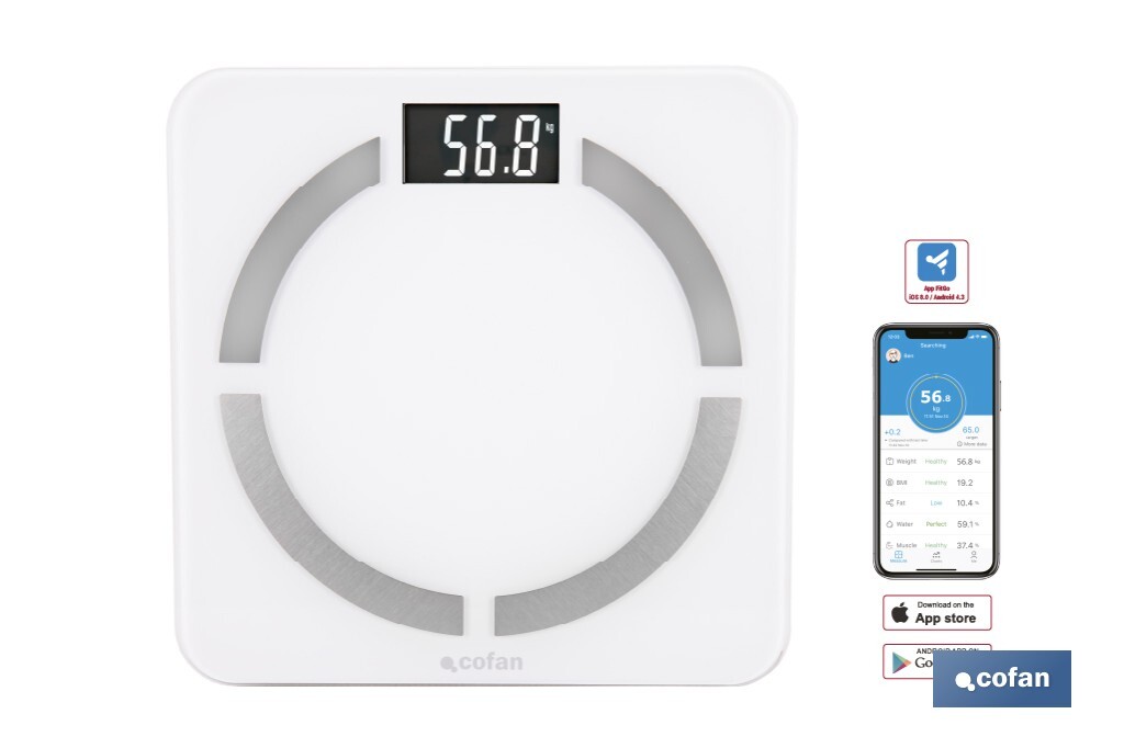 Báscula de baño digital inteligente | Análisis corporal completo | Báscula con Bluetooth y aplicación móvil | Pilas incluidas - Cofan