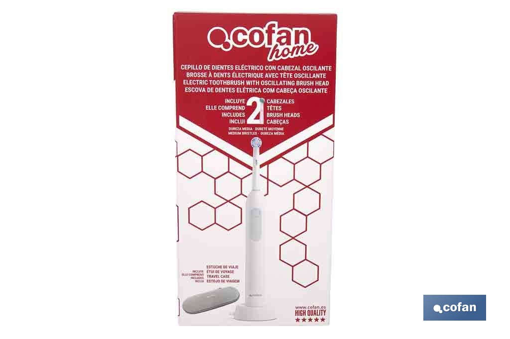 Cepillo de dientes eléctrico recargable | Color blanco con 3 modos de limpieza | Incluye 2 cabezales y estuche de viaje - Cofan