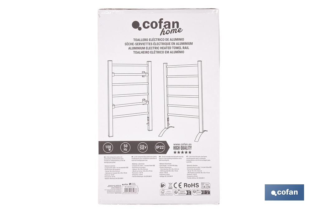 Toallero eléctrico de aluminio 100 W | Radiador secatoallas de pie o pared IP22 | Medidas: 90 x 53 x 35,5 cm - Cofan
