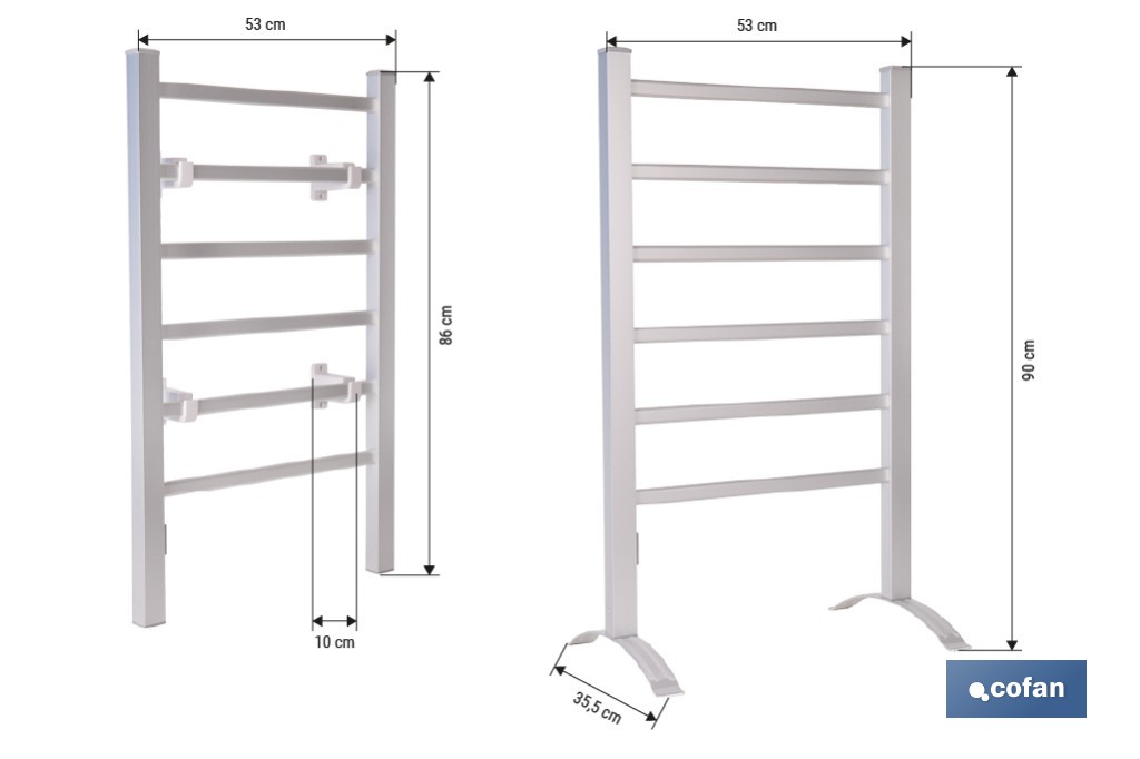 Toallero eléctrico de aluminio 100 W | Radiador secatoallas de pie o pared IP22 | Medidas: 90 x 53 x 35,5 cm - Cofan