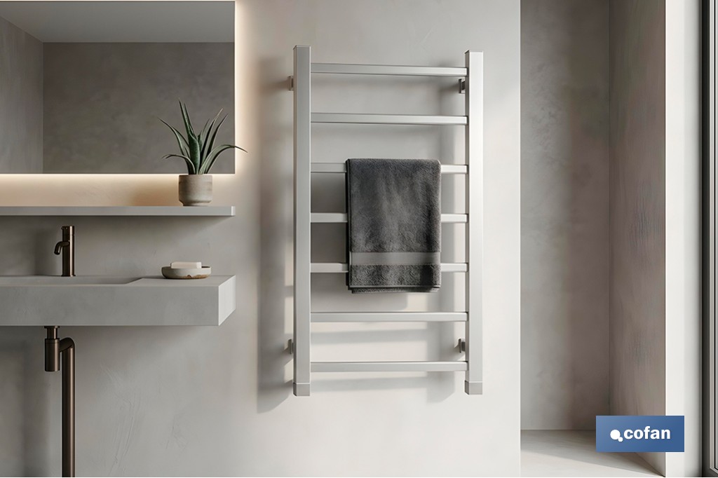 Toallero eléctrico de aluminio 100 W | Radiador secatoallas de pie o pared IP22 | Medidas: 90 x 53 x 35,5 cm - Cofan