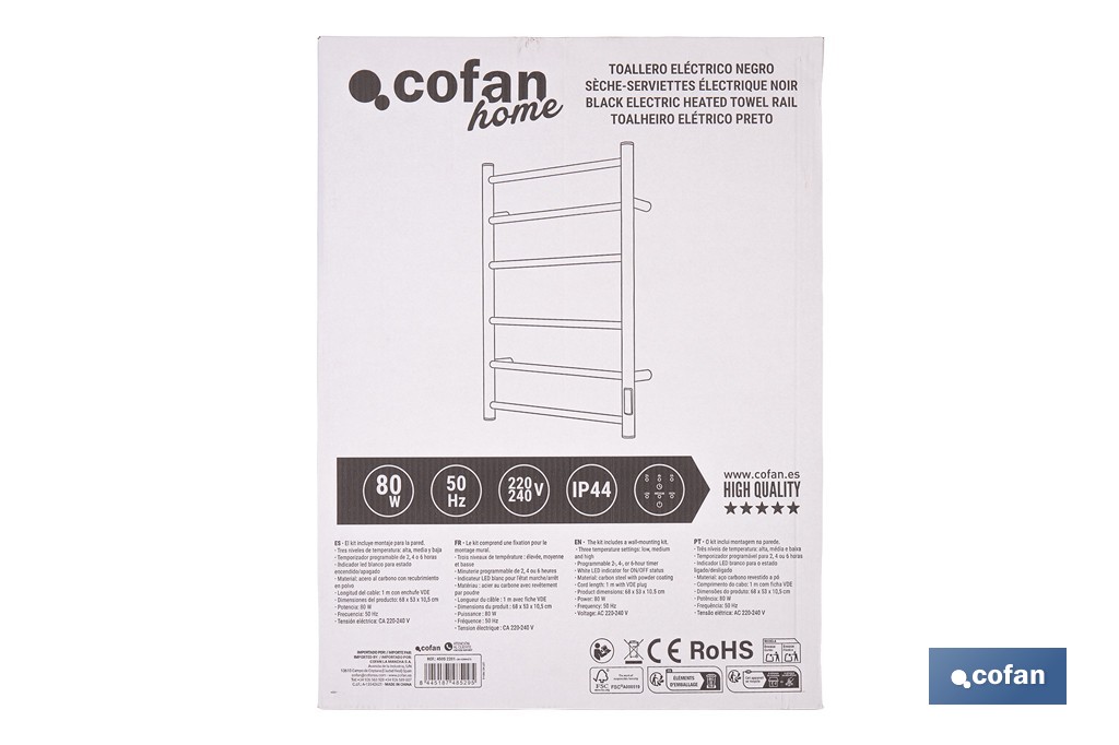 Toallero eléctrico negro mate | Con temporizador y 3 niveles de potencia | Potencia de 80 W y medidas 90 x 53 x 35,5 cm - Cofan