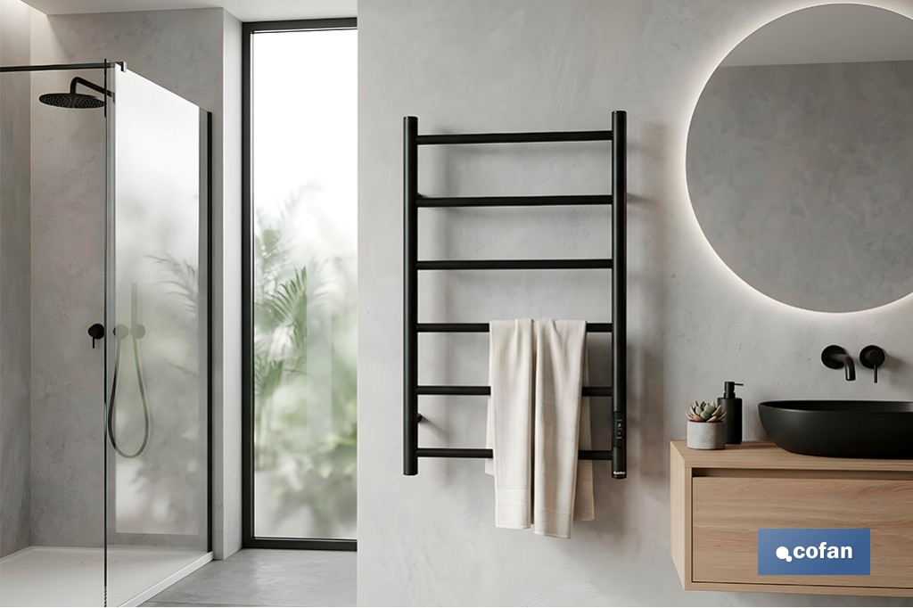 Toallero eléctrico negro mate | Con temporizador y 3 niveles de potencia | Potencia de 80 W y medidas 90 x 53 x 35,5 cm - Cofan