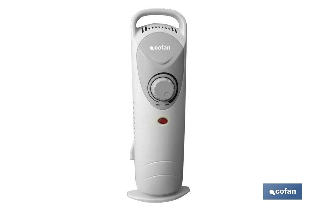 Mini radiador de aceite | Potencia: 450 W | Termostato regulable | Seguridad antiincendios | Color: blanco | Medidas: 26 x 13 x 41 cm - Cofan