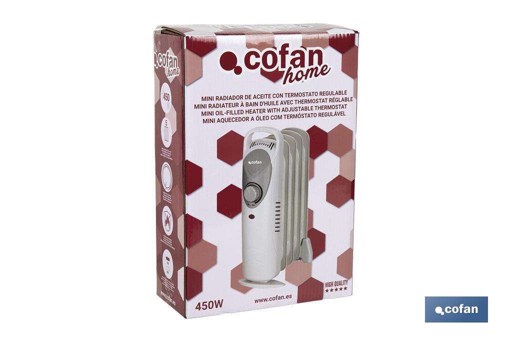 Mini radiador de aceite | Potencia: 450 W | Termostato regulable | Seguridad antiincendios | Color: blanco | Medidas: 26 x 13 x 41 cm - Cofan