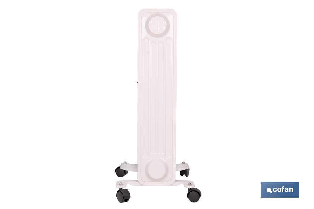 Radiador de aceite con termostato y ventilador | 1500 W + 400 W | 7 elementos | 3 niveles de potencia | Color blanco - Cofan