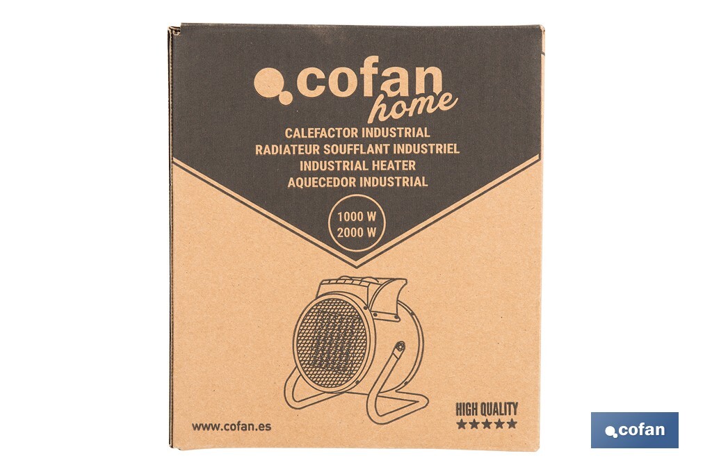 Calefactor cerámico industrial | Potencia: 2000 W | Diseño portátil | Termostato ajustable | Protección térmica - Cofan