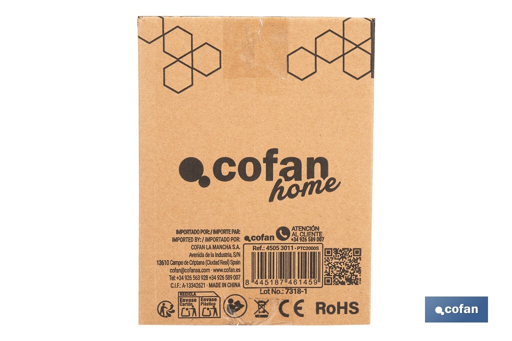 Calefactor cerámico industrial | Potencia: 2000 W | Diseño portátil | Termostato ajustable | Protección térmica - Cofan