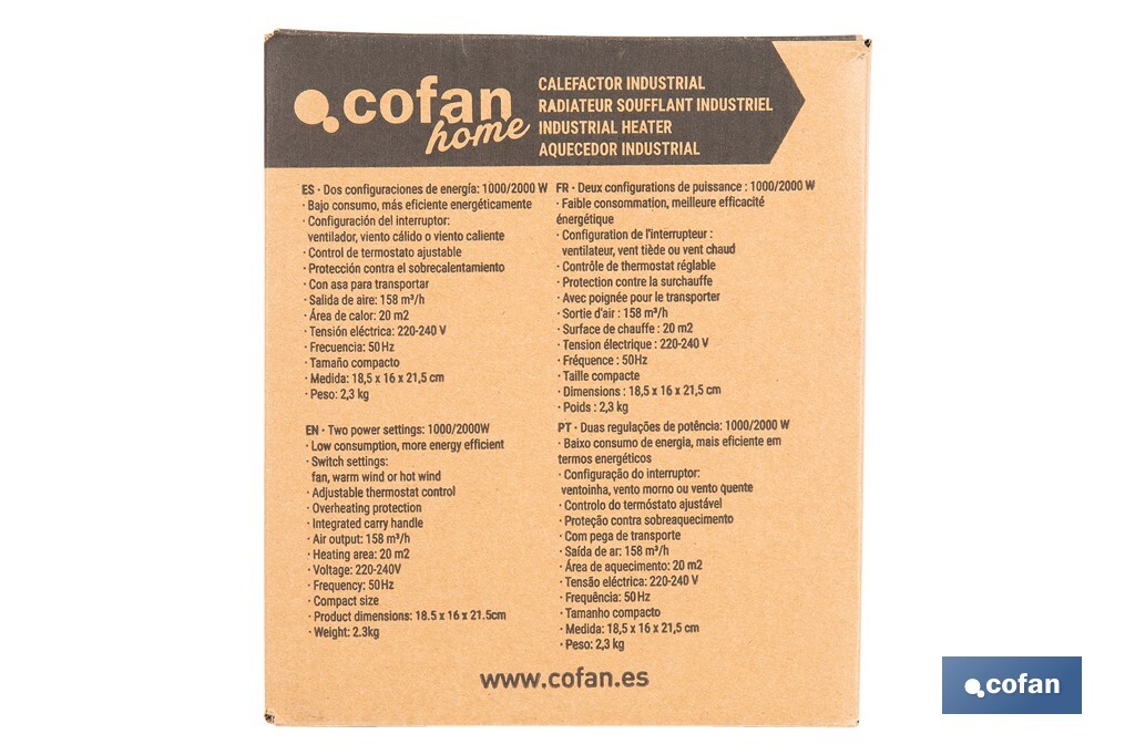 Calefactor cerámico industrial | Potencia: 2000 W | Diseño portátil | Termostato ajustable | Protección térmica - Cofan