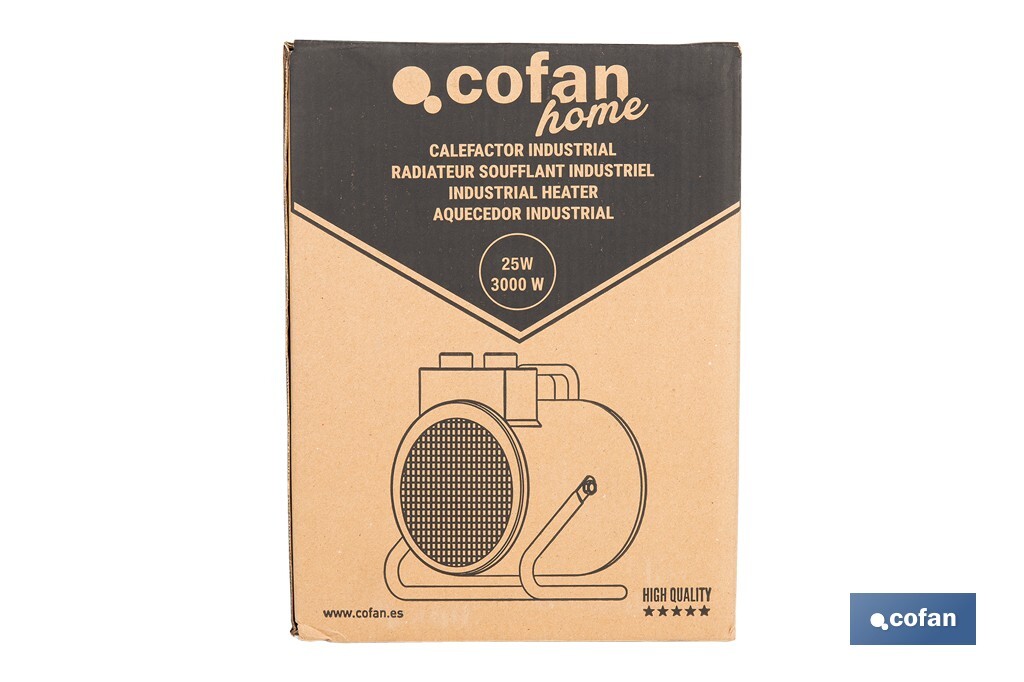 Calefactor industrial | Potencia: 3000 W | Función ventilador | Termostato ajustable | Protección IP24 - Cofan