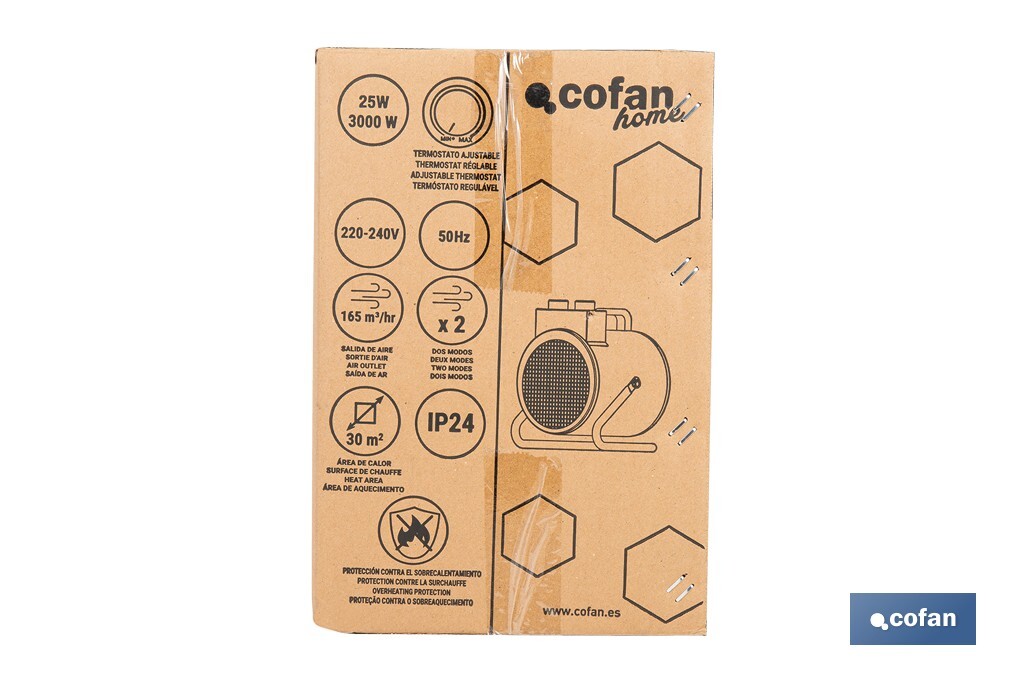 Calefactor industrial | Potencia: 3000 W | Función ventilador | Termostato ajustable | Protección IP24 - Cofan