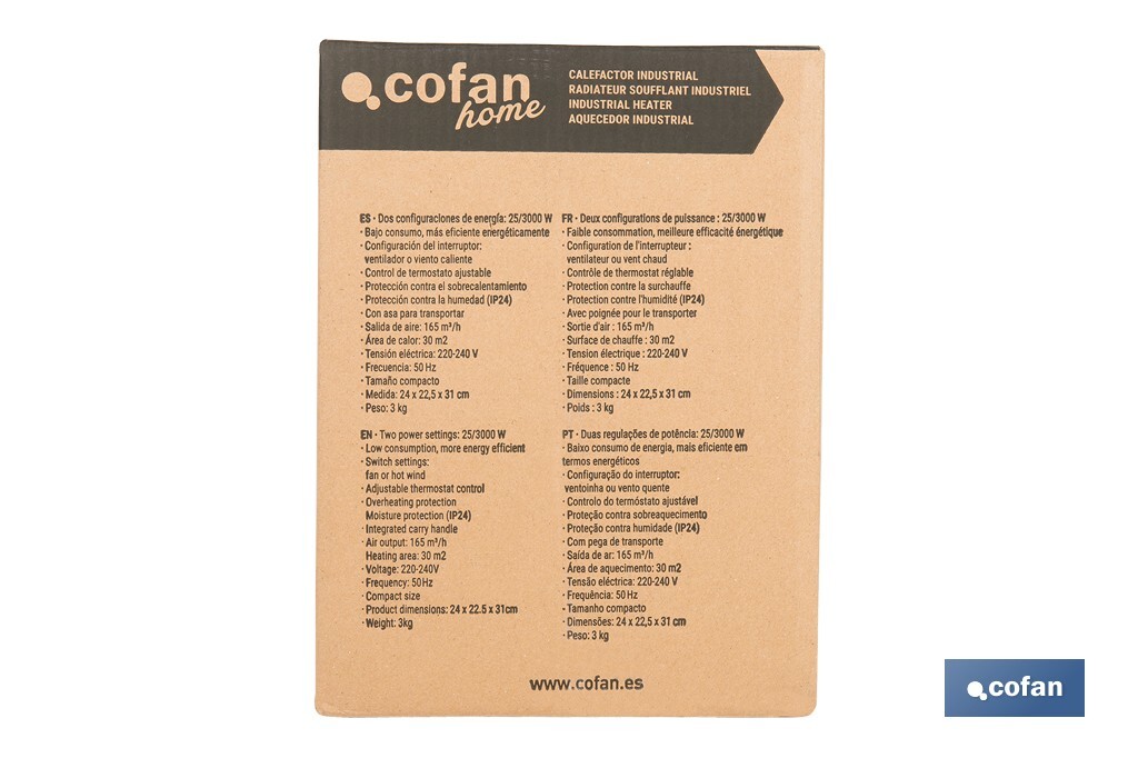 Calefactor industrial | Potencia: 3000 W | Función ventilador | Termostato ajustable | Protección IP24 - Cofan