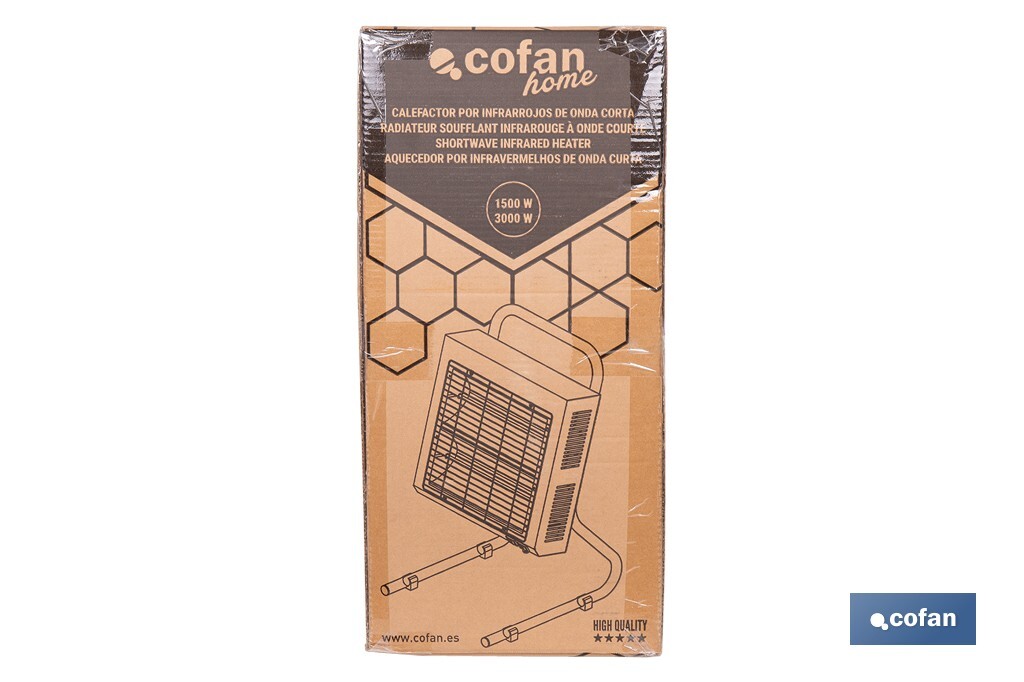 Calefactor de onda corta por infrarrojos | Potencia: 1500/3000 W | Protección IPX4 | Alta eficiencia para entornos de hasta 40 m2 - Cofan