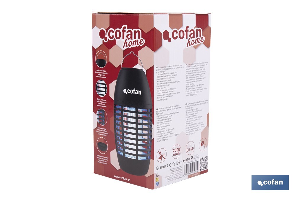 Lámpara LED antiinsectos recargable por USB | Interior y exterior | Cobertura 80 m² | Resistente al agua IPX4 | Luz UV de alta potencia | Ideal para camping, barbacoa y jardín - Cofan