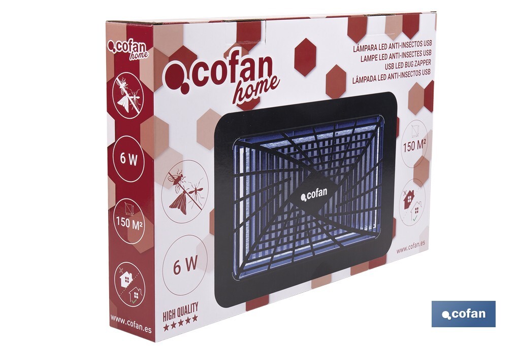Lámpara LED antiinsectos para Interior | Potencia: 6 W | Cobertura 150 m² | Luz UV-A Dual 365+395 nm | Alimentación: USB | Montaje en Pared - Cofan