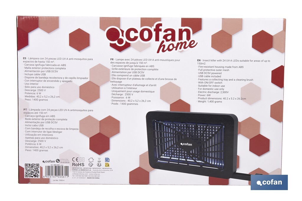 Lámpara LED antiinsectos para Interior | Potencia: 6 W | Cobertura 150 m² | Luz UV-A Dual 365+395 nm | Alimentación: USB | Montaje en Pared - Cofan