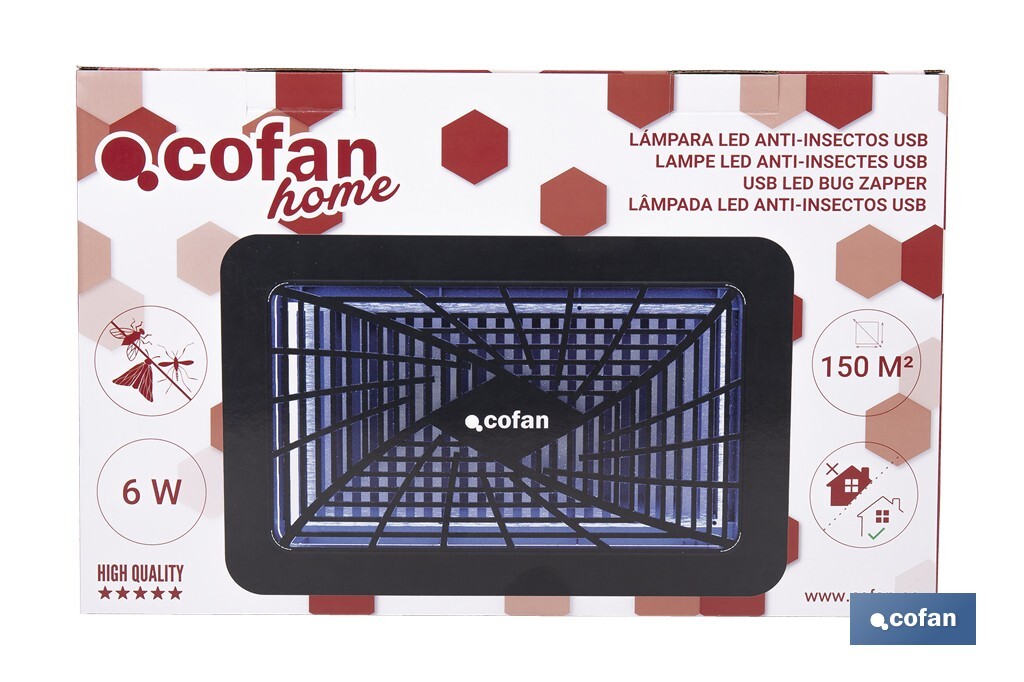 Lámpara LED antiinsectos para Interior | Potencia: 6 W | Cobertura 150 m² | Luz UV-A Dual 365+395 nm | Alimentación: USB | Montaje en Pared - Cofan