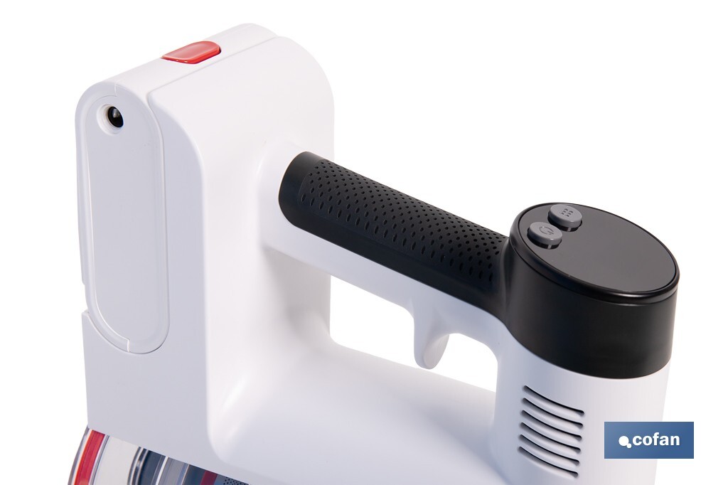 Aspiradora sin cable con base de carga | Potencia de succión: 180 AW | Potencia ciclónica: 32 kPa | 4 velocidades | Filtro HEPA lavable | Batería de litio 25,9 V | Color: blanco - Cofan