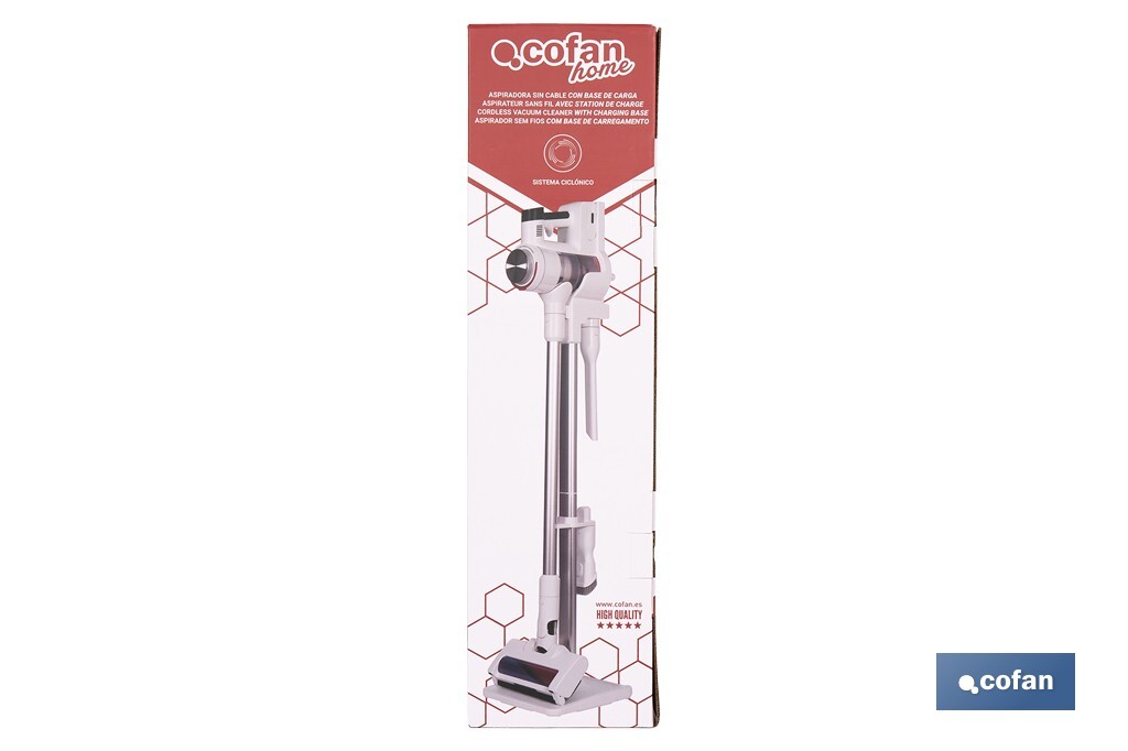 Aspiradora sin cable con base de carga | Potencia de succión: 180 AW | Potencia ciclónica: 32 kPa | 4 velocidades | Filtro HEPA lavable | Batería de litio 25,9 V | Color: blanco - Cofan